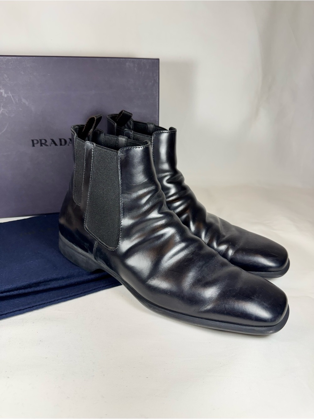 Prada Men’s Black Spazzolato Lather Square Toe Chelsea Boots 9 Italy Business